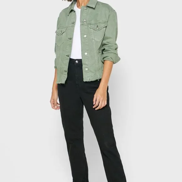 TOPSHOP Khaki Denim Raw Hem Oversized Jacket
